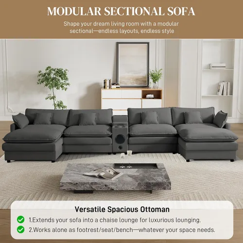 Miniatura 7 de Sofá modular de nube en forma de U de 162.6 pulgadas, sofá seccional para sala de estar, moderno sofá de nube de terciopelo de gran tamaño con Gris