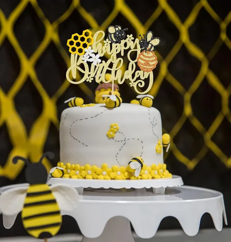 Miniatura 4 de Gyufise 1 Pieza Decoración para Pastel Abeja Feliz Cumpleaños Flor Panal Brillantina Feliz Día de Abeja Decoraciones de Pastel para Tema de Miel