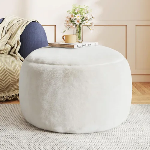 Miniatura 12 de Puf otomano redondo de relleno, pufs de piel sintética con relleno de espuma viscoelástica, otomanas para sala de estar, guardería, dormitorio, Gris