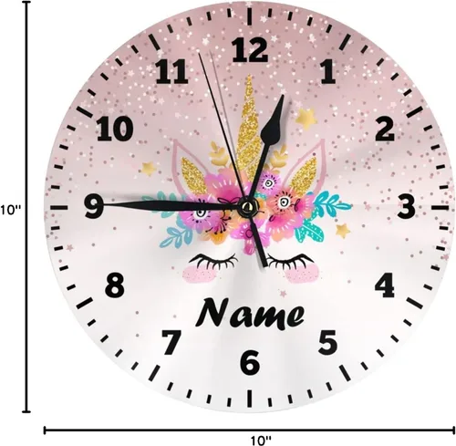 Miniatura 8 de Reloj de pared personalizado con diseño de unicornio y rosa con purpurina para habitación de los niños, reloj de pared personalizado con nombre