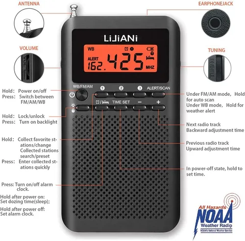 Miniatura 4 de NOAA Weather AM FM Radio portátil operada por 2 pilas AA con auriculares estéreo, reloj despertador digital temporizador de sueño, mejor recepción