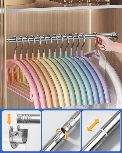 Miniatura 5 de Barras de armario para colgar ropa, resistentes, longitud ajustable (plata, 66.5 - 76 pulgadas)