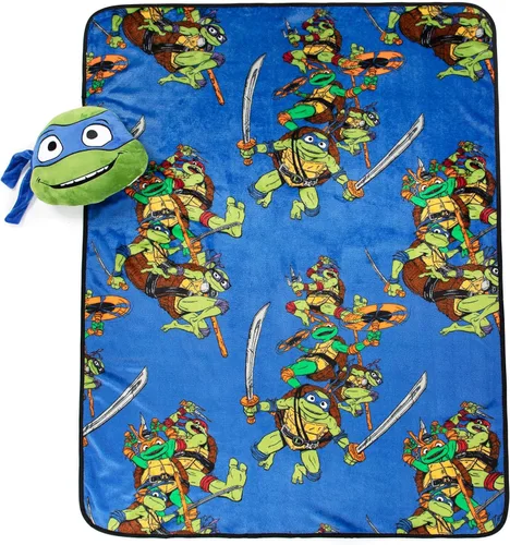 Jay Franco Nickelodeon Teenage Mutant Ninja Turtles Mutant Mayhem Leonardo Nogginz - Juego de manta y almohada de felpa de 40 x 50 pulgadas, juego