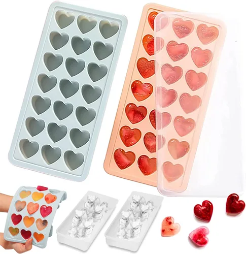 Paquete de 2 bandejas para cubitos de hielo en forma de corazón con tapas, moldes de silicona para cubitos de hielo en forma de corazón con 42