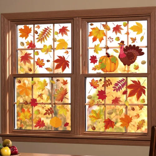 Miniatura 4 de 164 calcomanías de otoño para ventanas de vidrio, calcomanías de hojas de arce para ventana de otoño, decoración de otoño para Acción de Gracias