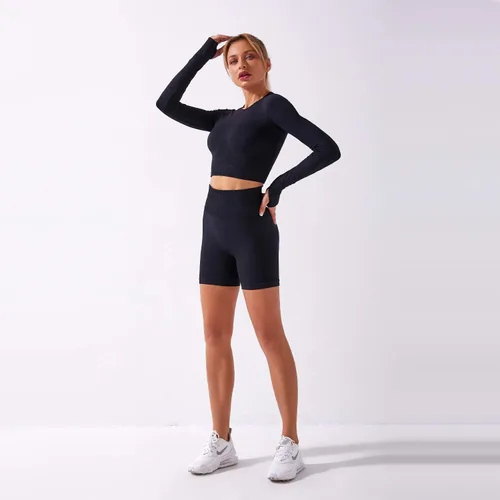 Miniatura 3 de Conjuntos de 2 piezas sin costuras para yoga y entrenamiento - con ombliguera de manga corta y pantalones cortos de tiro alto para correr