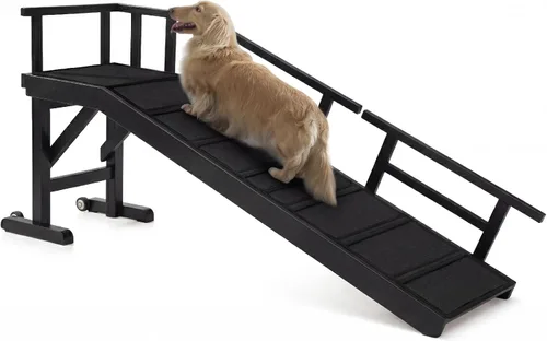 Rampa para perros para cama o sofá, rampa de madera para mascotas con pendiente suave de 20°, rieles laterales extraíbles, superficie