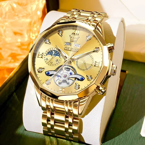 Miniatura 69 de OLEVS Reloj de pulsera automático con diseño de esqueleto para hombre, de lujo, con diamantes de lujo, de acero inoxidable, calendario, reloj
