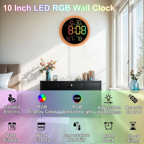 Miniatura 2 de QINFIEY Reloj de pared LED de 10 pulgadas con luz ambiental RGB, atenuación automática, pantalla de color/hora/fecha/temperatura/humedad, alarma