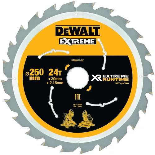 DEWALT DT99571-QZ DT99571-QZ-Hojas para Sierra Circular Estacionaria XR Extreme RUNTIME 9.843 in x 1.181 in 24D, negro/amarillo, 250/1.181 in 24WZ/FZ