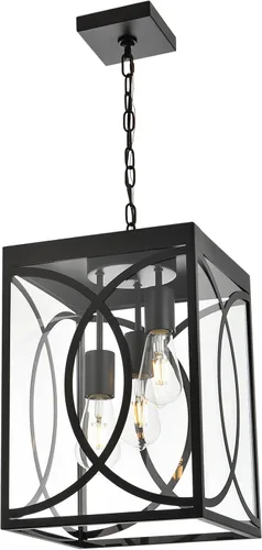 Lámpara colgante para exteriores, 3 luces negras grandes con vidrio transparente, lámpara de metal para exteriores, iluminación de porche para Negro