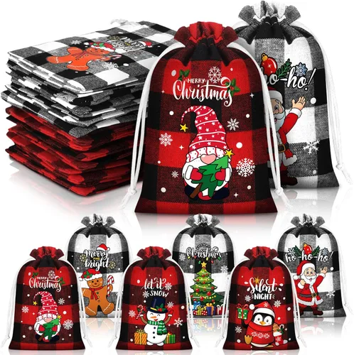 Miniatura 10 de Boao 24 bolsas de Navidad con cordón para regalo de Navidad, a cuadros, de algodón, para suministros de fiesta de dulces de Navidad
