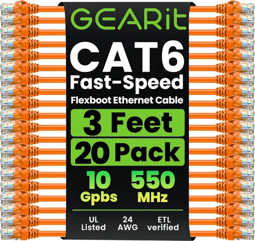 GEARit Paquete de 20 cables de conexión Cat6 de 3 pies, cable Ethernet Cat 6 sin enganches, flexible y suave, serie premium, color naranja