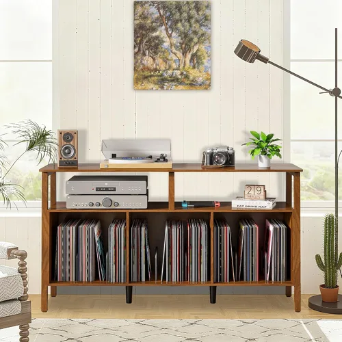 Miniatura 7 de Mxtxmy Soporte grande para tocadiscos, mesa giratoria de mediados de siglo con almacenamiento abierto con capacidad para hasta 450 álbumes, estante
