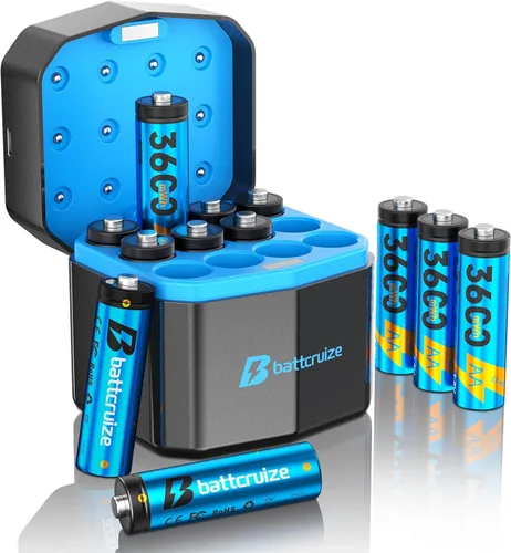 Paquete de 12 Baterías Recargables de Litio AA con Cargador Inteligente de 12 Ranuras, 3600mWh 1.5V Baterías de Litio AA de Voltaje Constante,