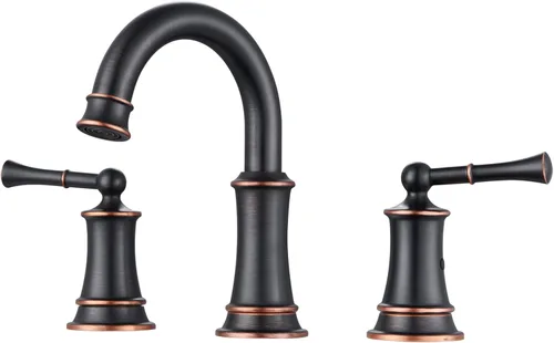Grifo de baño rústico de bronce aceitado, boquilla giratoria de 360°, 2 asas, 3 agujeros generalizados, drenaje desplegable y líneas de suministro