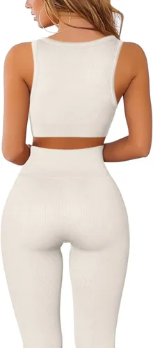 Miniatura 2 de QINSEN Conjuntos de entrenamiento para mujer, 2 piezas, acanalados, sin costuras, sin mangas, cintura alta, leggings de yoga
