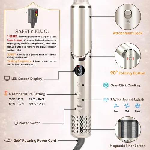 Miniatura 3 de Cepillo secador de pelo 8 en 1 con rizador de envoltura automática, rizador de 1.25 pulgadas, secado rápido, plegable, 110,000 rpm, para mujeres