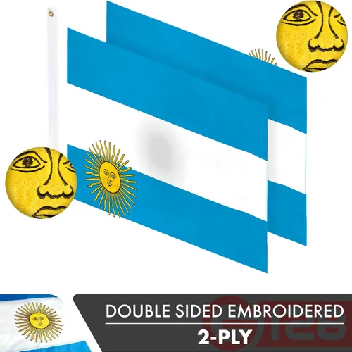 Miniatura 2 de G128 Bandera argentina 3 x 5 pies Serie doble ToughWeave Poliéster 210D bordado de doble cara Bandera de país, diseño bordado