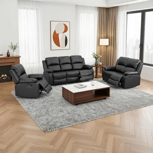 Miniatura 17 de Faux Leather Manual Recliner Sofa Set, 3 Piece Living Room Furniture Set, Loveseat Reclining Couch and 2 Recliner Chairs for RV Home Theater (Black)