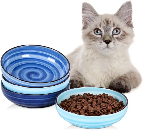 Miniatura 10 de Selamica Juego de 4 cuencos de cerámica para gatos de 5.6 pulgadas de ancho, platos poco profundos para comida y agua, varios