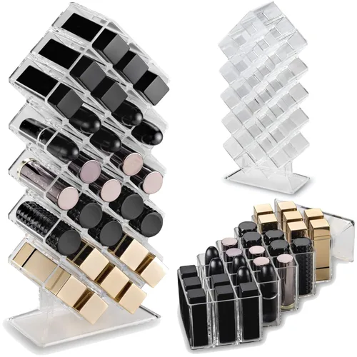 byAlegory - Organizador de maquillaje de lápiz labial acrílico, almacenamiento cosmético de 28 espacios, diseñado para estar de pie, plano o apilado