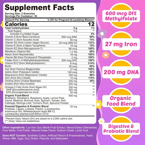 Miniatura 2 de Vitaminas prenatales para mujeres con metilfolato, omega-3 DHA vegano, mezcla de alimentos orgánicos, probióticos, hierro, vitamina D3 B6 B12