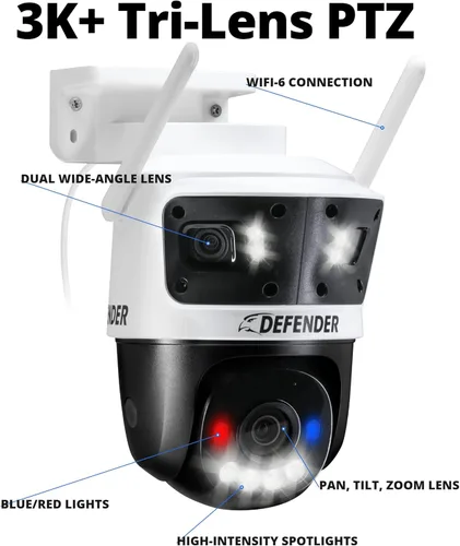 Miniatura 8 de Defender AI 3K+ Guard Tri-Lens WiFi Plug-in Cámara de seguridad 3 en 1, PTZ de 360°, detección de vehículos y humanos AI, seguimiento automático