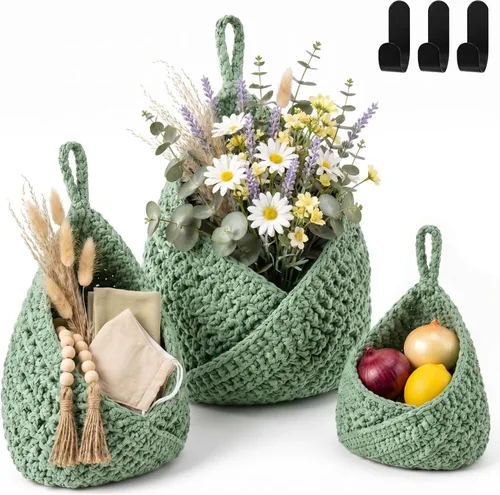 Miniatura 35 de Honeydak Cestas colgantes de pared bohemias para cocina, paquete de 3 cestas de lágrima con ganchos, almacenamiento de frutas, cebollas, verduras