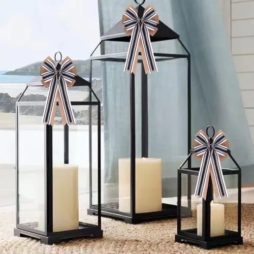 Miniatura 5 de Meseey 2 Piezas Lazos Dobles Grandes de Arpillera de 20 x 10 Pulgadas Negro y Blanco Lazos de Corona a Rayas Estilo Granja para Envolver Regalos