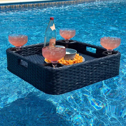 Miniatura 9 de SUNJOY Bandeja flotante de mimbre de 36 x 24 pulgadas. Accesorio de piscina con marco de aluminio, bandeja flotante para servir bebidas, aperitivos