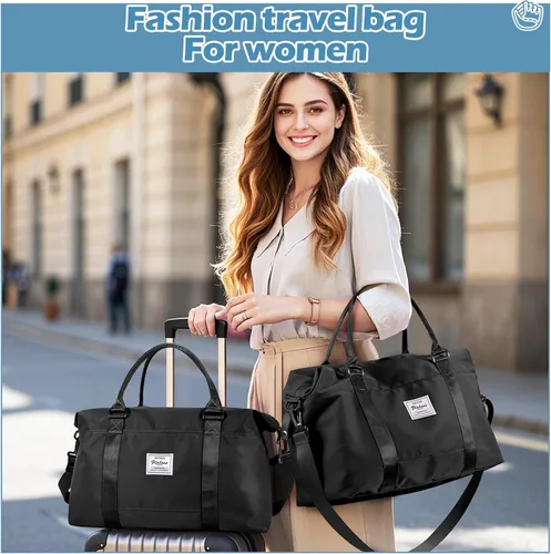 Miniatura 8 de Pequeña bolsa de gimnasio negra para mujer, elegante bolsa de viaje para avión, bolsa de lona ligera para mujeres y hombres, bolsa