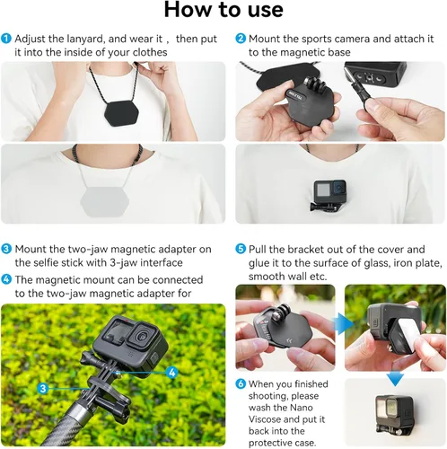 Miniatura 5 de TELESIN Soporte magnético en el pecho con soporte para correa para el cuello + base magnética de liberación rápida para GoPro 12 11 10 Insta360 X3