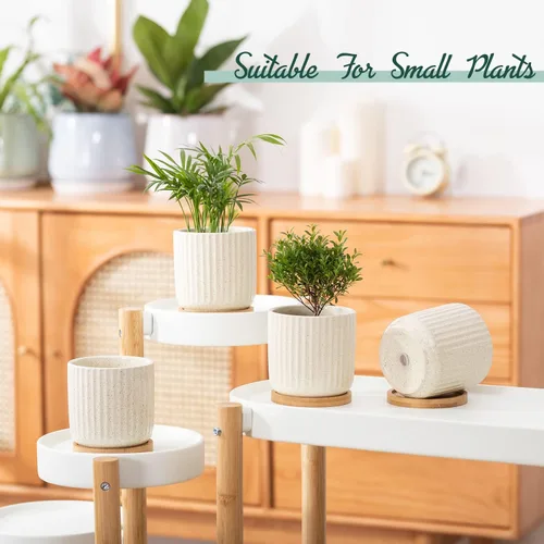 Miniatura 2 de Macetas de cerámica de 4 pulgadas con agujeros de drenaje, maceta moderna de patrón vertical con platillo para plantas de interior, suculentas