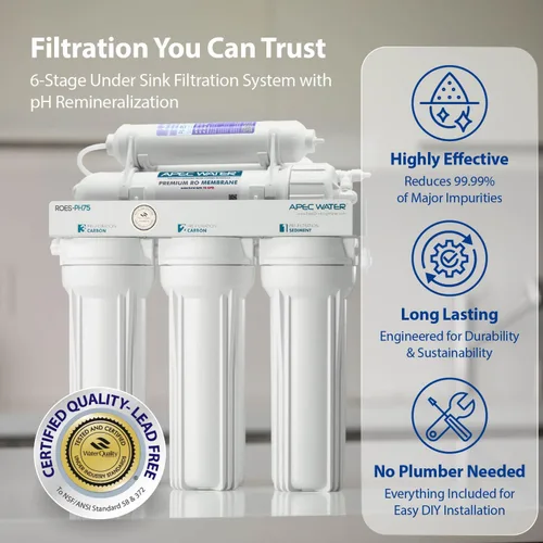 Miniatura 2 de APEC Water Systems ESSENCE ROES-PH75 sistema de filtro de agua potable, mineral PH + 75 GPD, 6 etapas súper seguras de ósmosis inversa