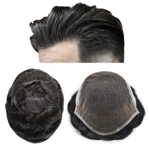 Miniatura 38 de Mens Toupee Human Hair Replacement System Swiss Lace Toupee For Men Hair Piece Protesis Capilar Mens Hairpiece 5X7#1 Jet Black 120% Density