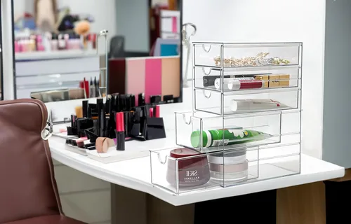 Miniatura 4 de Cajón de plástico con 5 cajones de diferentes tamaños, organizador de accesorios para el cabello gris claro transparente, organizador de baño