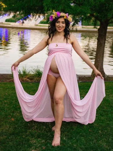 Miniatura 6 de Vestido de maternidad sin tirantes para mujer, con hombros descubiertos, para fotografía, vestido de gasa con abertura frontal para sesión de fotos