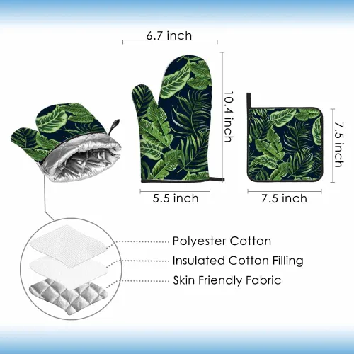 Miniatura 2 de Juego de manoplas de horno y soportes para ollas de hojas verdes, palmeras tropicales, exóticas, resistentes al calor, 3 piezas para cocinar