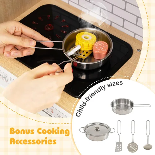 Miniatura 3 de Costzon Juego de cocina para niños, juguete Montessori de madera para niños pequeños de juego de simulación con puerta de ratán, luz y sonido, Ratán