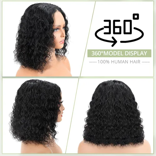 Miniatura 2 de Pelucas de cabello humano sin pegamento predepiladas precortadas Bob rizado corto con encaje frontal para mujeres negras, cierre de encaje 4x4
