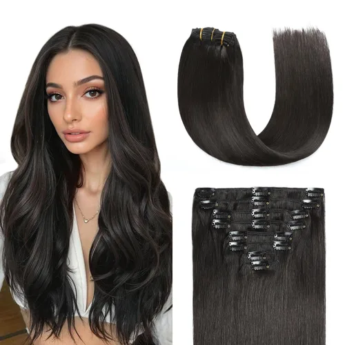 Miniatura 14 de Sunya Extensiones de cabello humano real con clip, color negro azabache, doble trama, lacio, 12 pulgadas, #1, 8 unidades, 3.53 oz