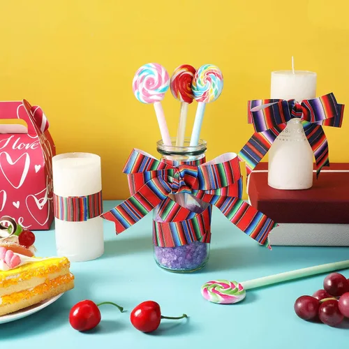 Miniatura 3 de WILLBOND 6 rollos de cintas de serape con rayas arcoíris mexicanas de 1 pulgada, cinta colorida de grogrén para fiestas, manualidades, decoración