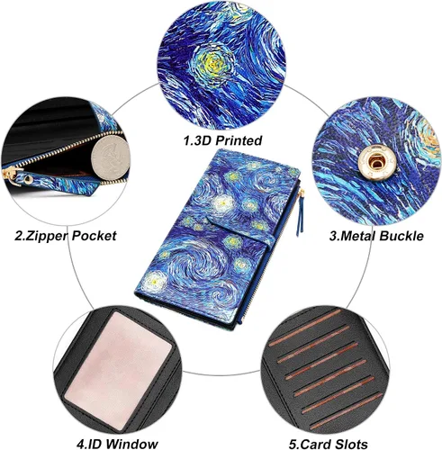 Miniatura 16 de Billeteras delgadas para mujer, tarjetero RFID plegable con bolsillo con cremallera, Mandala azul, Delgado