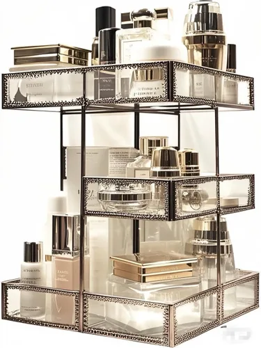 Organizador de maquillaje de vidrio giratorio 360, almacenamiento de cosméticos giratorio con compartimentos multicapa, soporte de maquillaje Latón