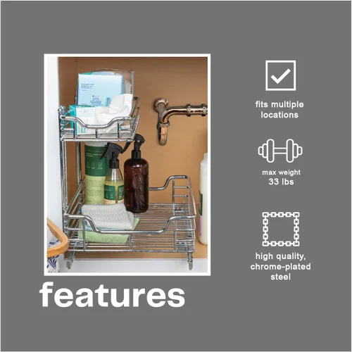 Miniatura 8 de Household Essentials Glidez Organizador de almacenamiento extraíble/deslizante multiusos de acero cromado para debajo del fregadero o del gabinete