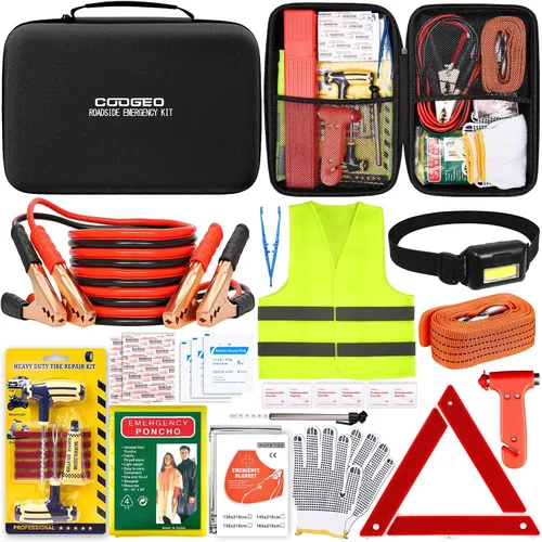 Miniatura 11 de Kit de emergencia en carretera para auto con cables de puente de batería, accesorios para auto para hombres o mujeres, kit de seguridad automotriz