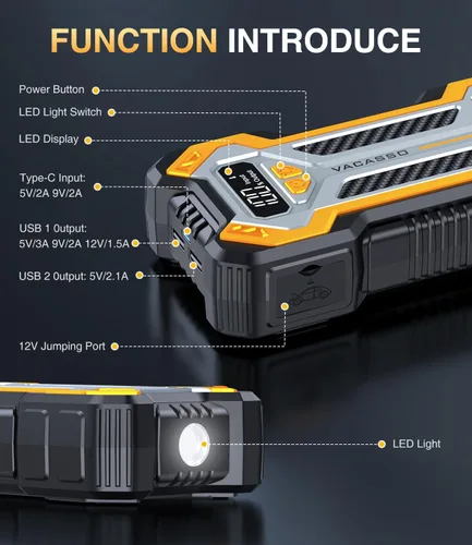 Miniatura 9 de Arrancador de batería de coche de 5000 A para motores de gasolina de hasta 10L y 8L diésel, paquete de energía portátil de 12 V con caja de arranque