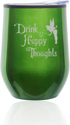 Vaso de vino sin tallo, taza de viaje de café con tapa, diseño de hadas de pensamientos felices (verde)
