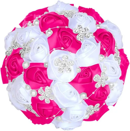 Miniatura 5 de Sharebeauty Ramo de novia de satén hecho a mano de 5.9 pulgadas, ramo de boda, ramo de flores artificiales, color azul claro + blanco W224